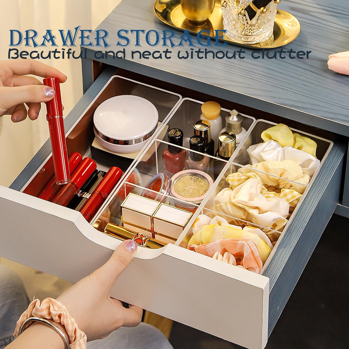 Bright clear acrylic tray enhances a tidy, appealing vanity display.