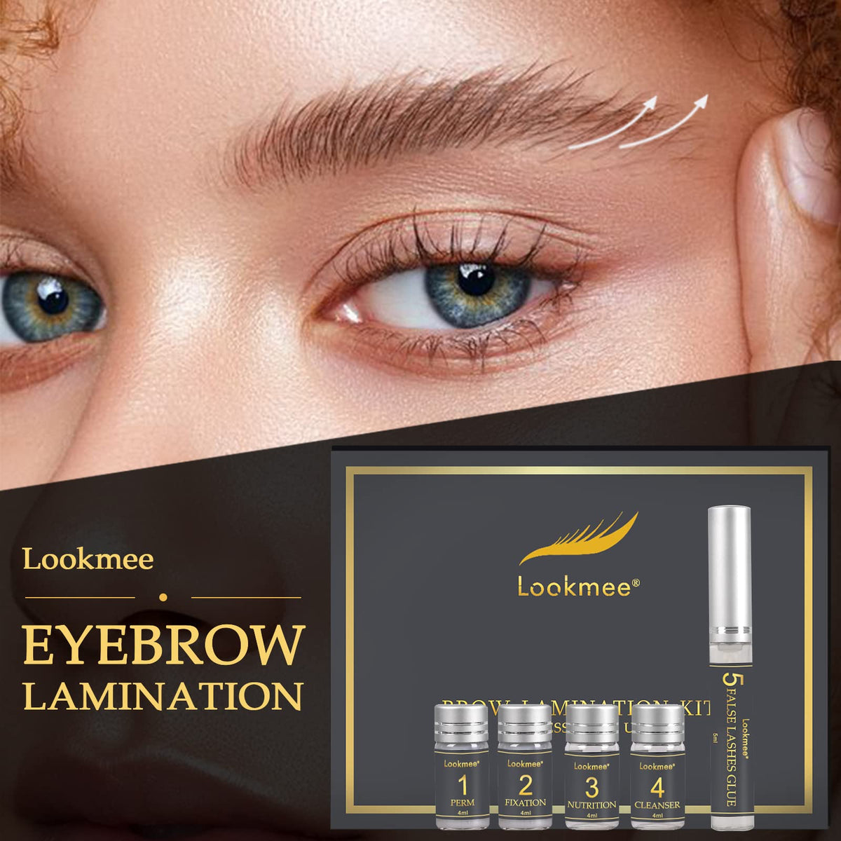 Lookmee eyebrow lamination lotion bottle ready for brow shaping.