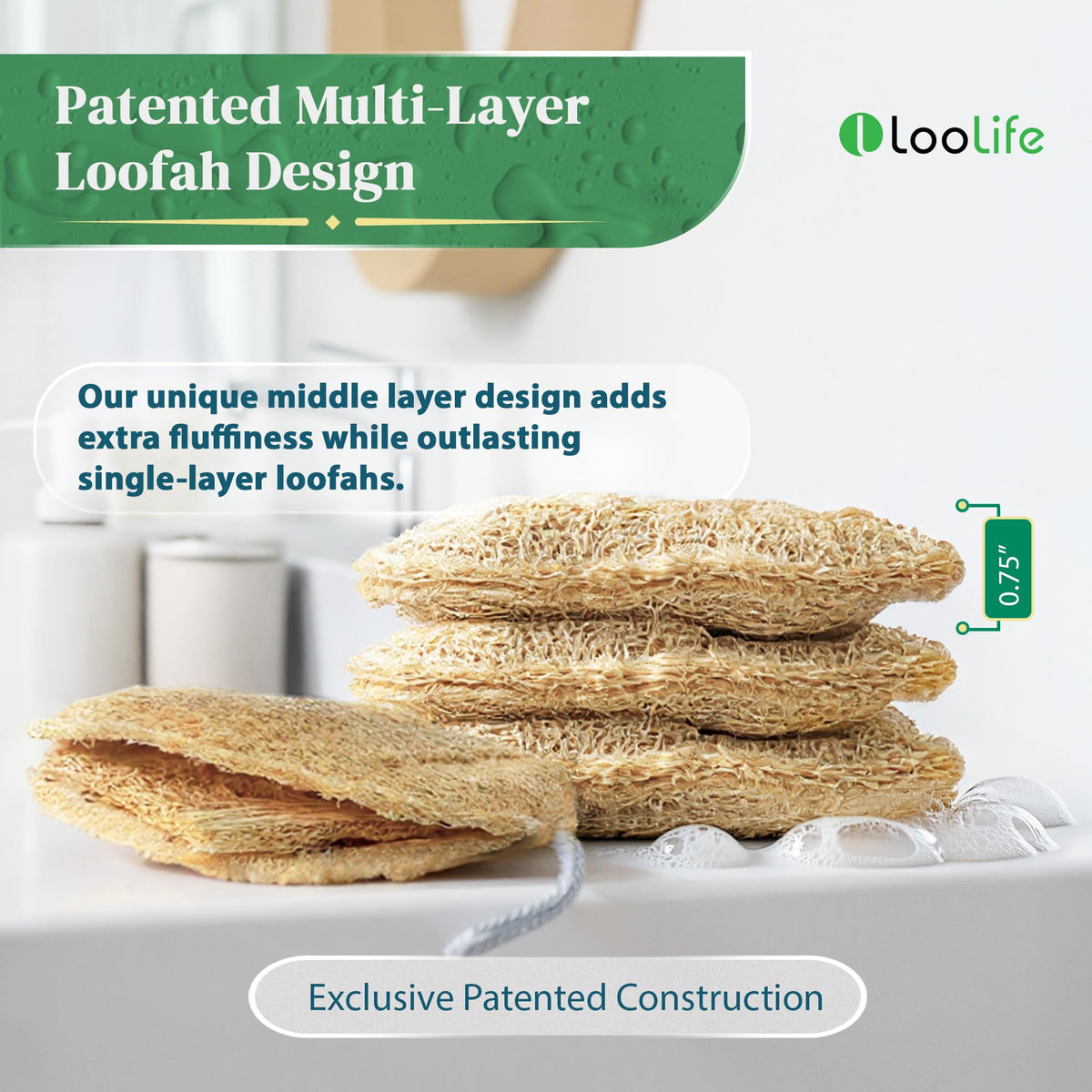 LooLife loofah held in hand with ergonomic grip for easy cleansing.