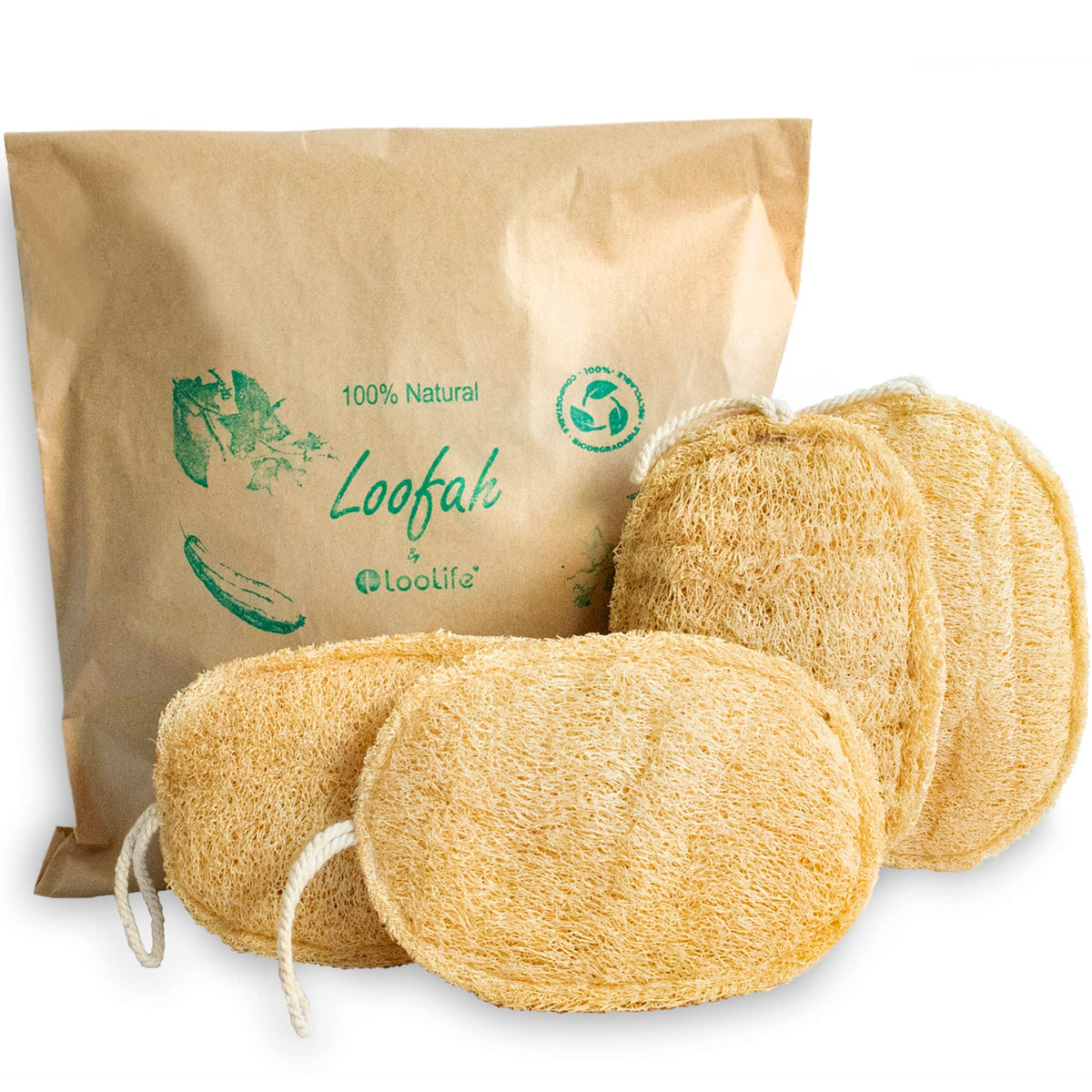 LooLife 4-pack loofah sponge for gentle shower exfoliation.