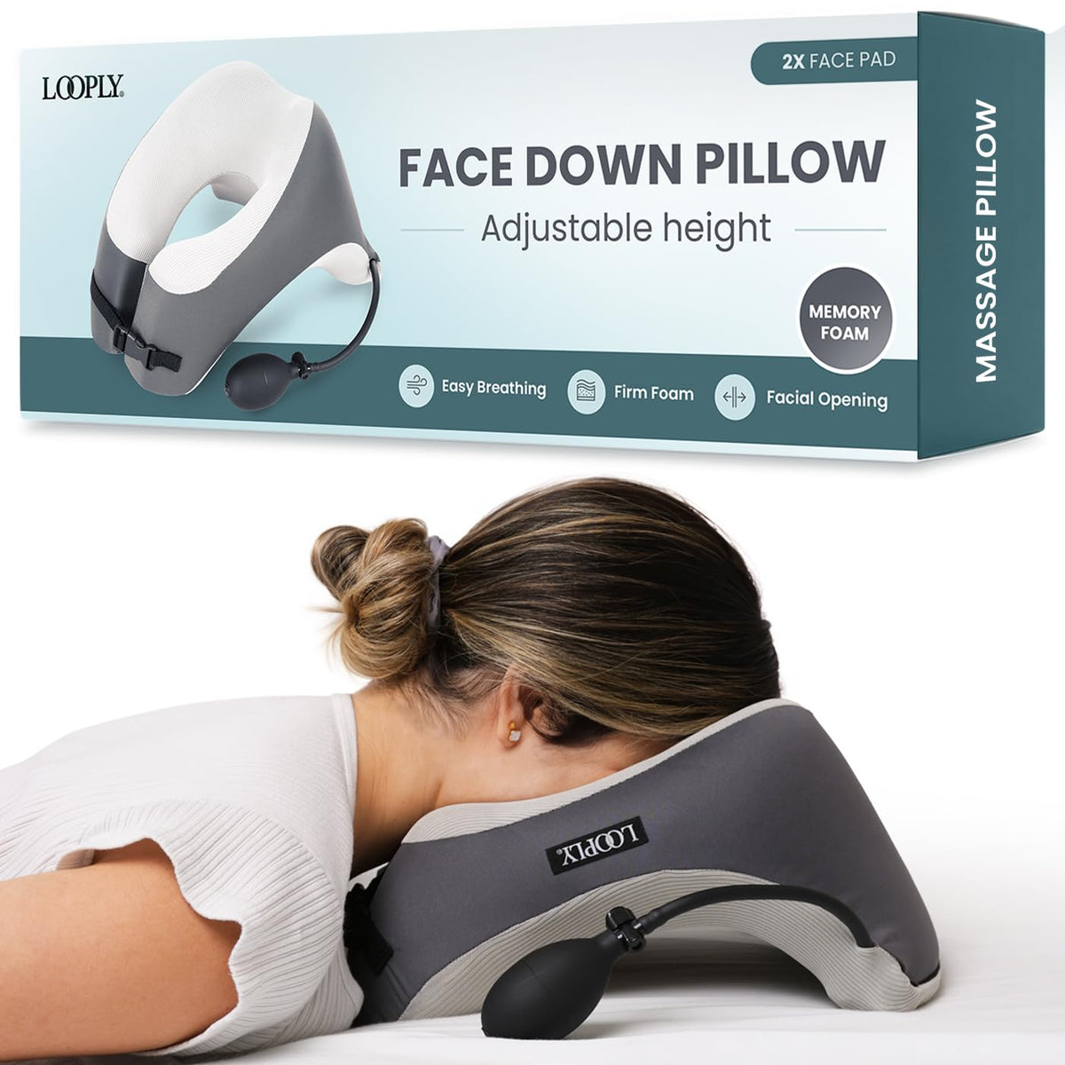 Looply Face Down Pillow for Massage with adjustable height for personalized comfort.
