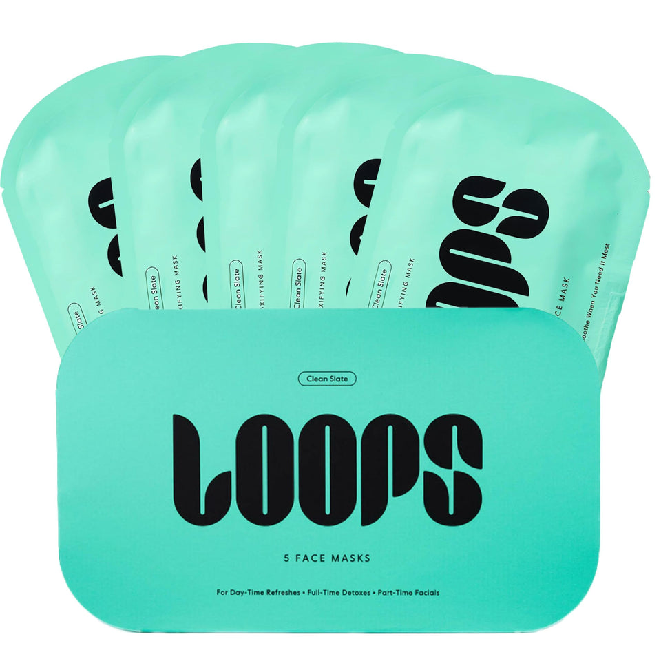 LOOPS Clean Slate hydrogel mask on face for detox and hydration.