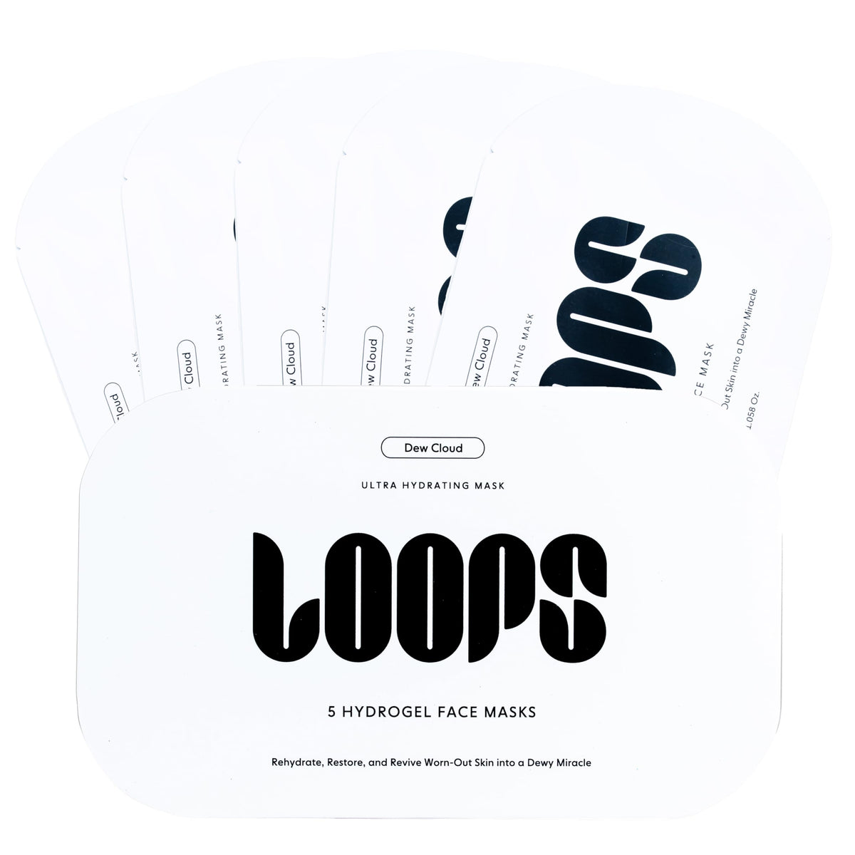 LOOPS Dew Cloud hydrogel mask pack shot highlighting deep hydration for soft skin.