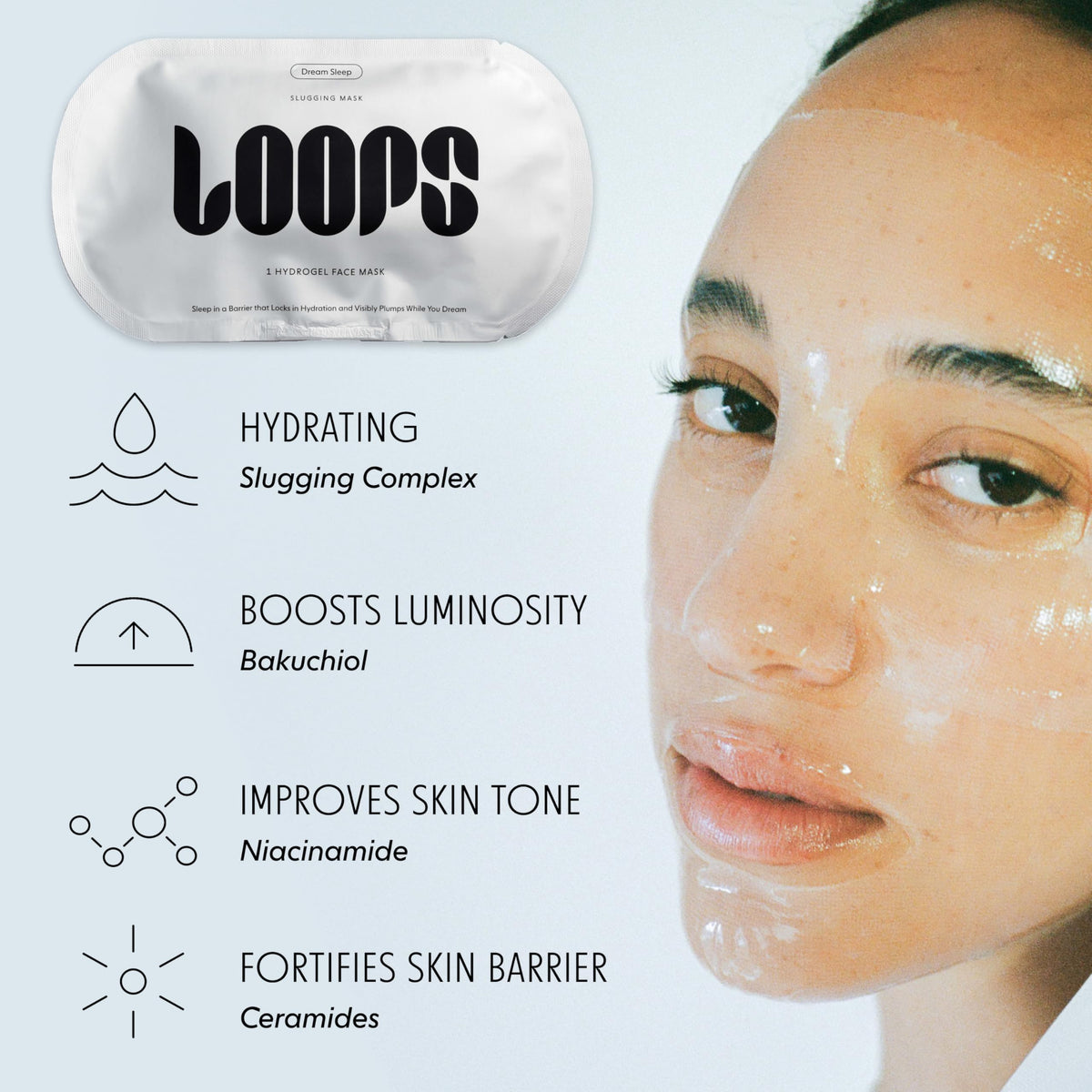 LOOPS Dream Sleep hydrogel mask being applied to the face for cooling nourishment