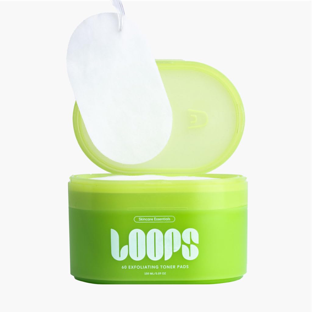 LOOPS Exfoliating Toner pack of 60 pads enables convenient daily exfoliation.