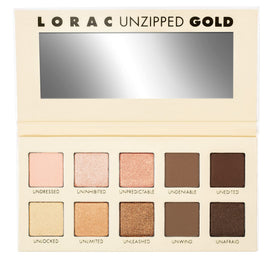 LORAC Unzipped Gold palette cover with premium packaging for travel-ready looks.