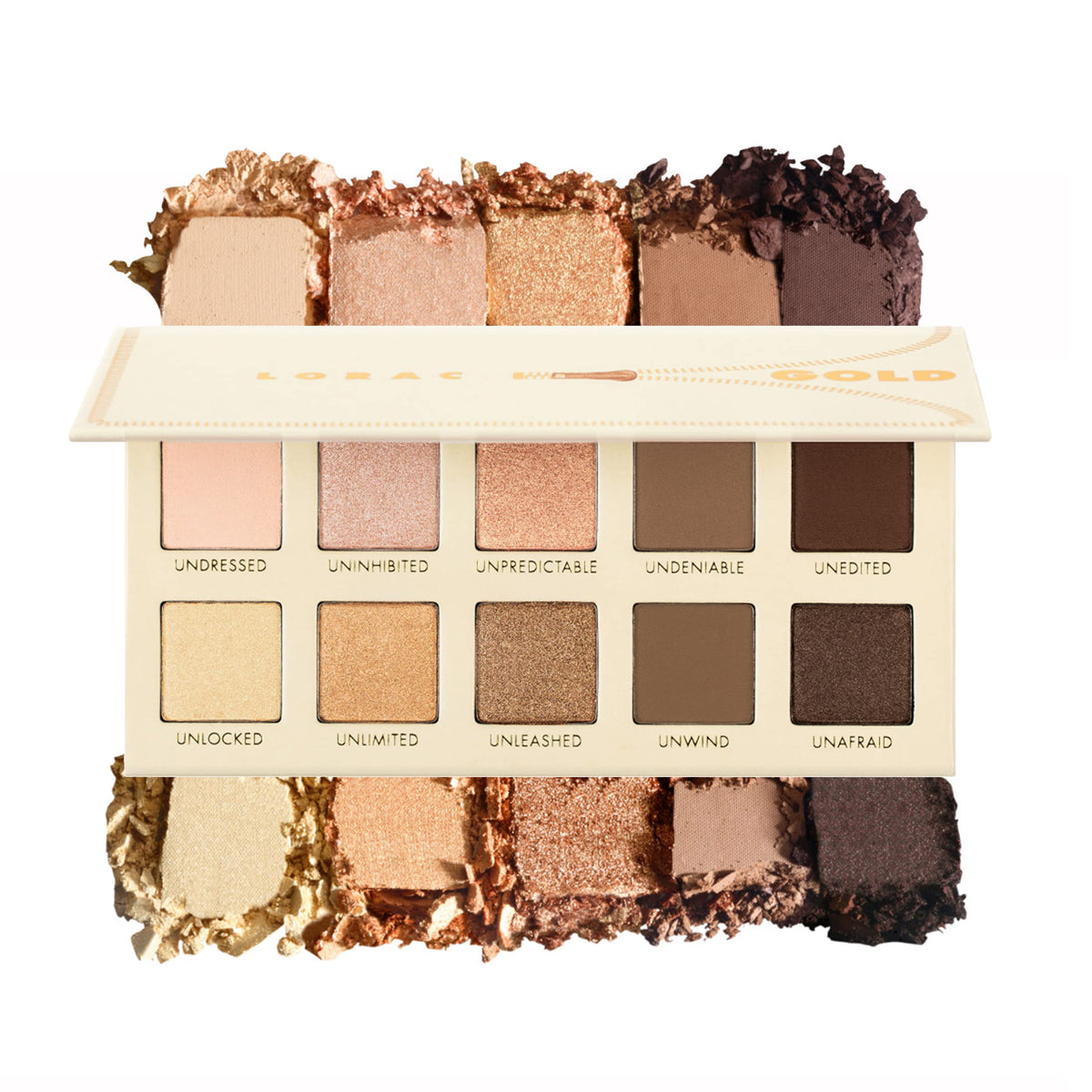 LORAC Unzipped Gold palette swatches show rich mattes and shimmers for versatile looks.