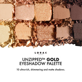 LORAC Unzipped Gold Unpredictable shimmer swatch for bold, party-ready looks.