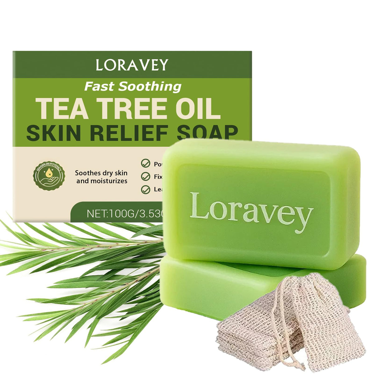 Loravey Antifungal Relief Soap Bar packaging highlights tea tree oil and natural ingredients.