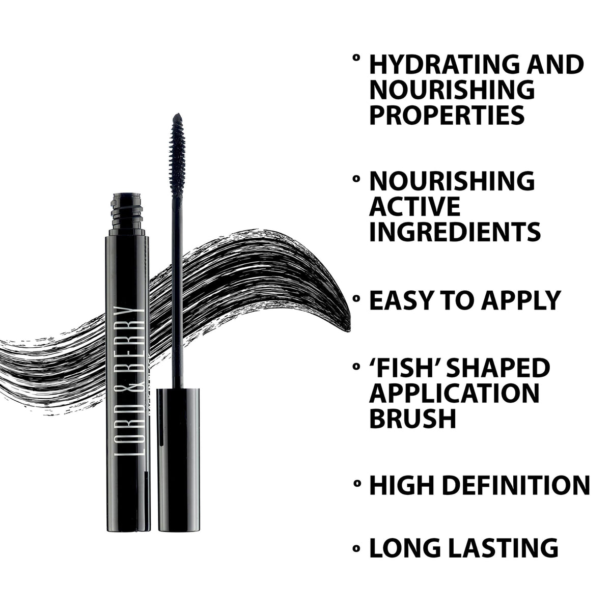 Lord & Berry Back in Black mascara close-up lashes show deep black pigment.