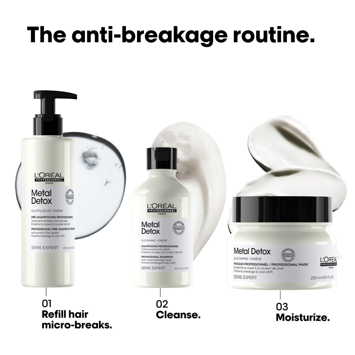 L’Oréal Professionnel Paris Metal Detox after-use finish adds shine and smoothness.