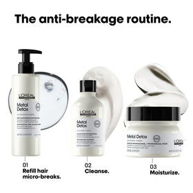 L’Oréal Professionnel Paris Metal Detox after-use finish adds shine and smoothness.