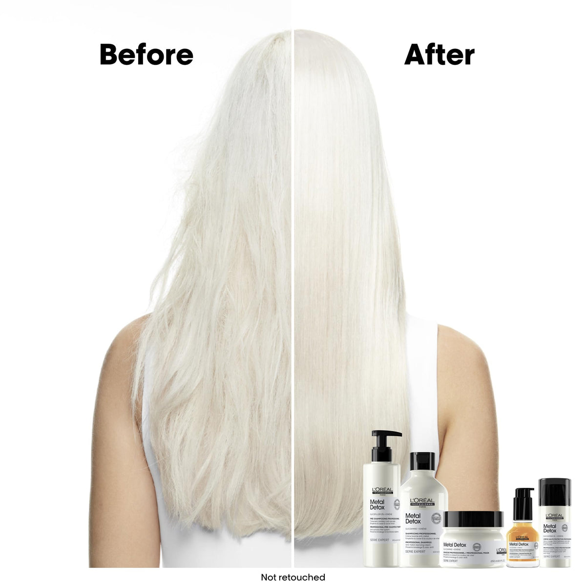 L’Oréal Professionnel Paris Metal Detox strengthens hair fiber, ideal for damaged color-treated hair.