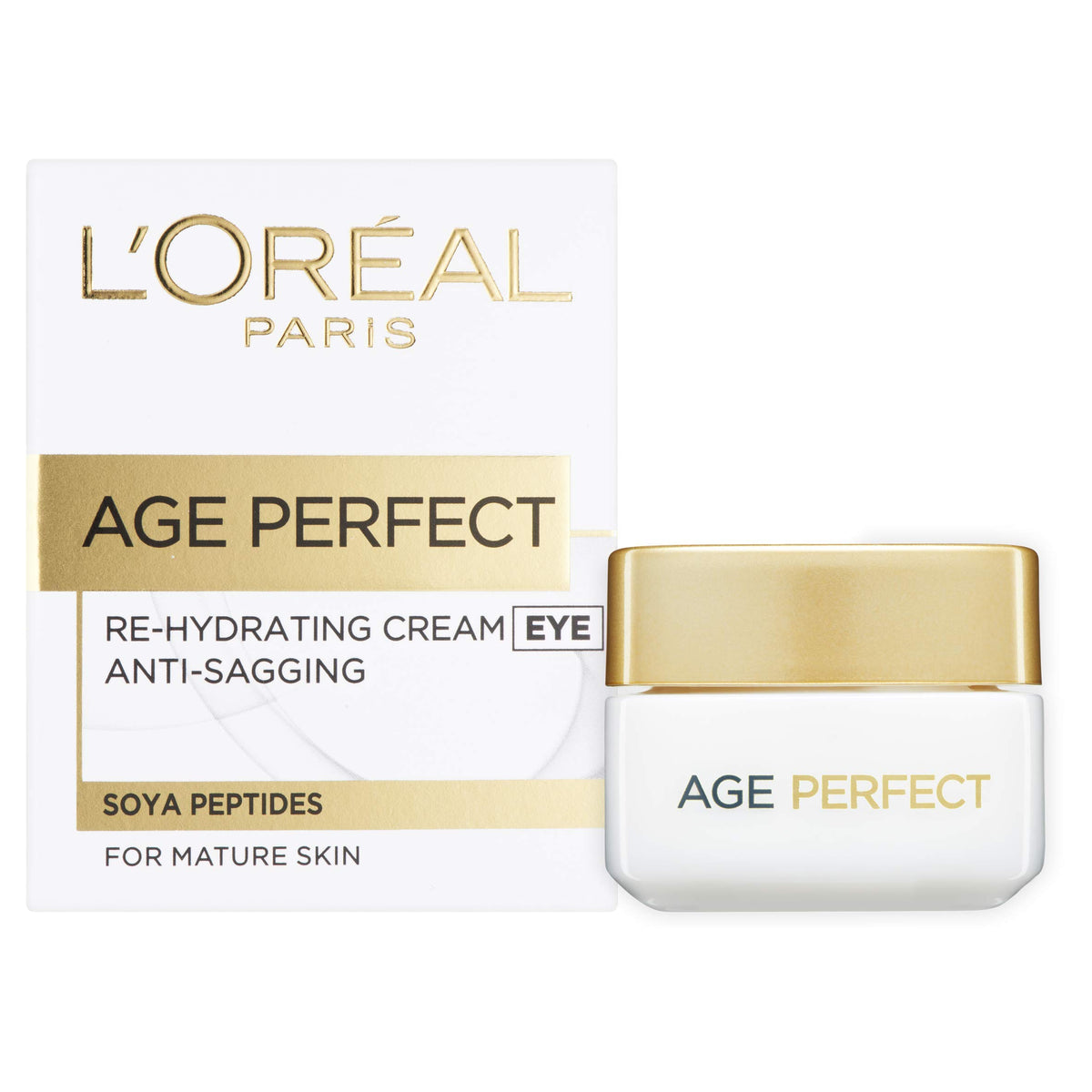 L'Oreal Paris Age Perfect Eye Cream label close-up showing mature skin formula.