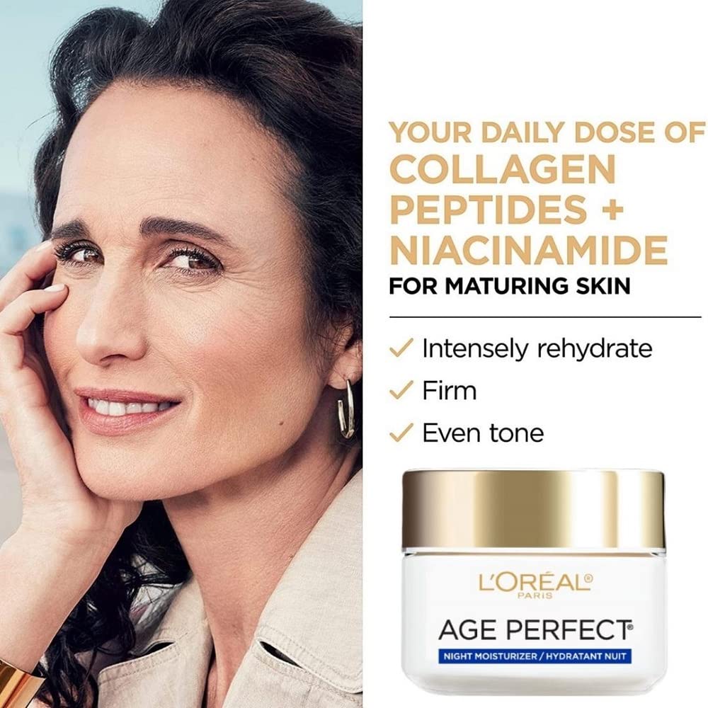 L'Oreal Paris Age Perfect Night Cream applied to face and neck for smoother, nourished skin.