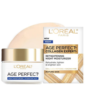 L'Oreal Paris Age Perfect Night Cream jar close-up shows rich texture for overnight hydration.