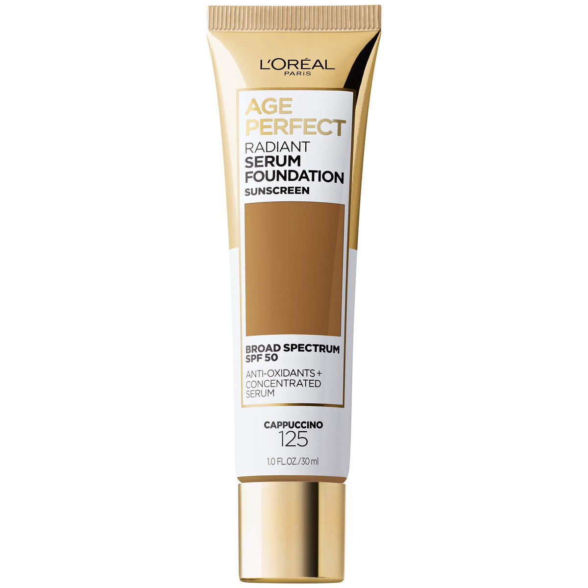 L'Oreal Paris Age Perfect Radiant Serum Foundation Cappuccino bottle closeup for mature skin glow