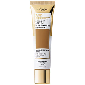L'Oreal Paris Age Perfect Radiant Serum Foundation Cappuccino bottle closeup for mature skin glow