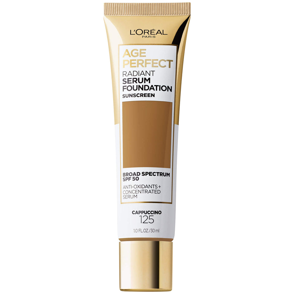 L'Oreal Paris Age Perfect Radiant Serum Foundation Cappuccino bottle closeup for mature skin glow