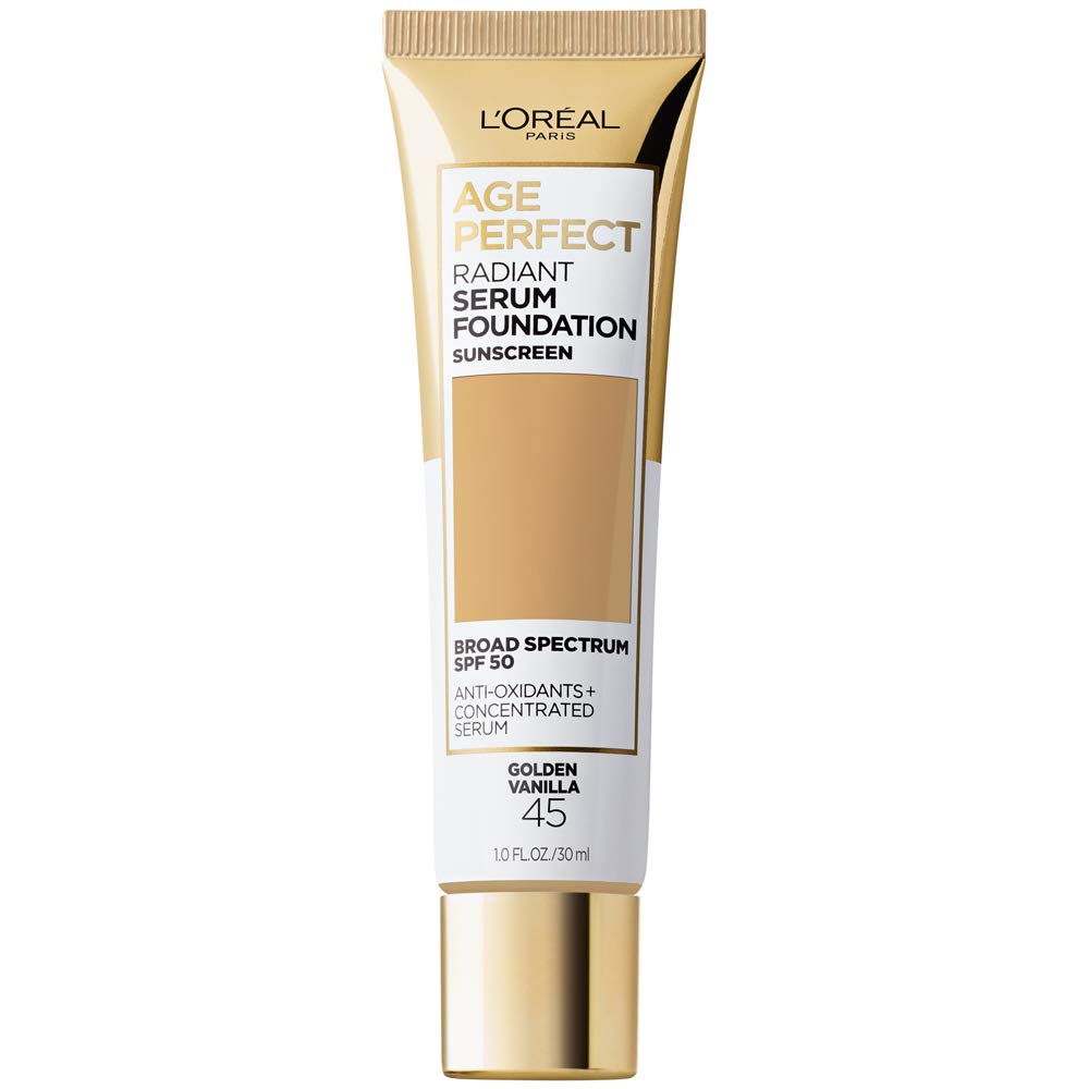 L'Oreal Paris Age Perfect Radiant Serum Foundation Golden Vanilla bottle with hydrating SPF 50.