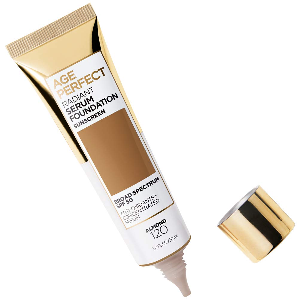L'Oreal Paris Age Perfect Radiant Serum Foundation almond bottle with easy pump dispensing.