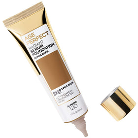 L'Oreal Paris Age Perfect Radiant Serum Foundation almond bottle with easy pump dispensing.