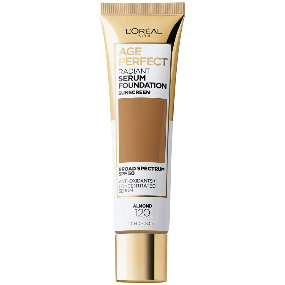 L'Oreal Paris Age Perfect Radiant Serum Foundation almond bottle with SPF 50 hydration.
