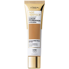 L'Oreal Paris Age Perfect Radiant Serum Foundation Toffee bottle highlights hydrating SPF 50 protection