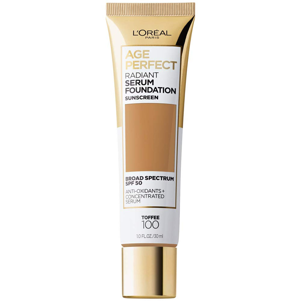 L'Oreal Paris Age Perfect Radiant Serum Foundation Toffee bottle highlights hydrating SPF 50 protection