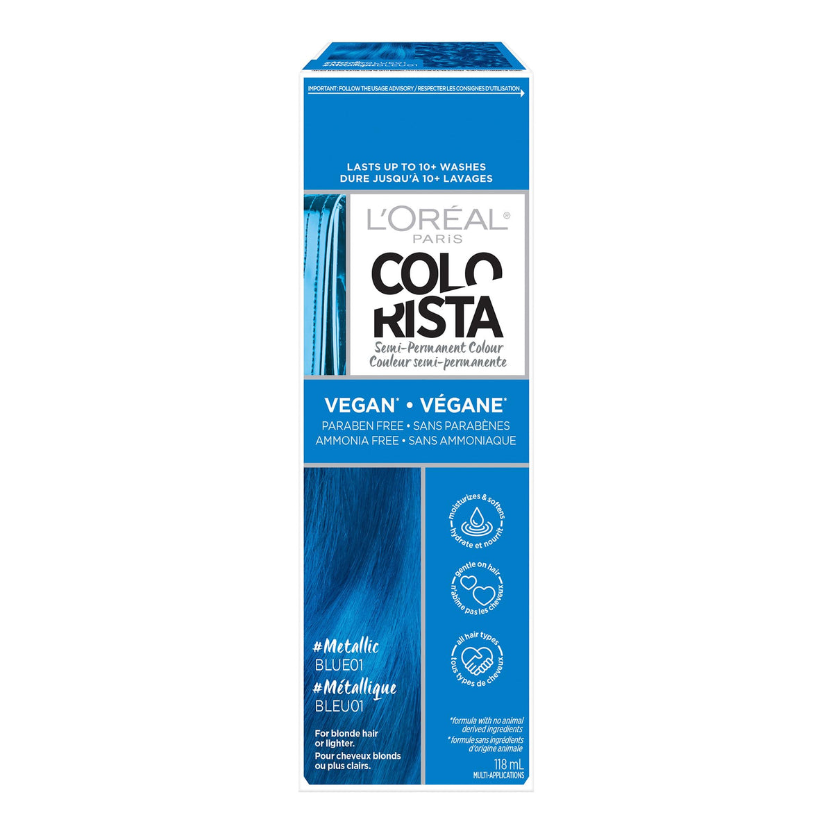 L’Oréal Paris Colorista Metallic Blue bottle close-up for bleached hair color