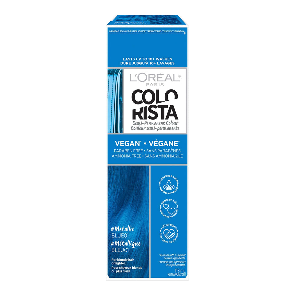 L’Oréal Paris Colorista Metallic Blue bottle close-up for bleached hair color