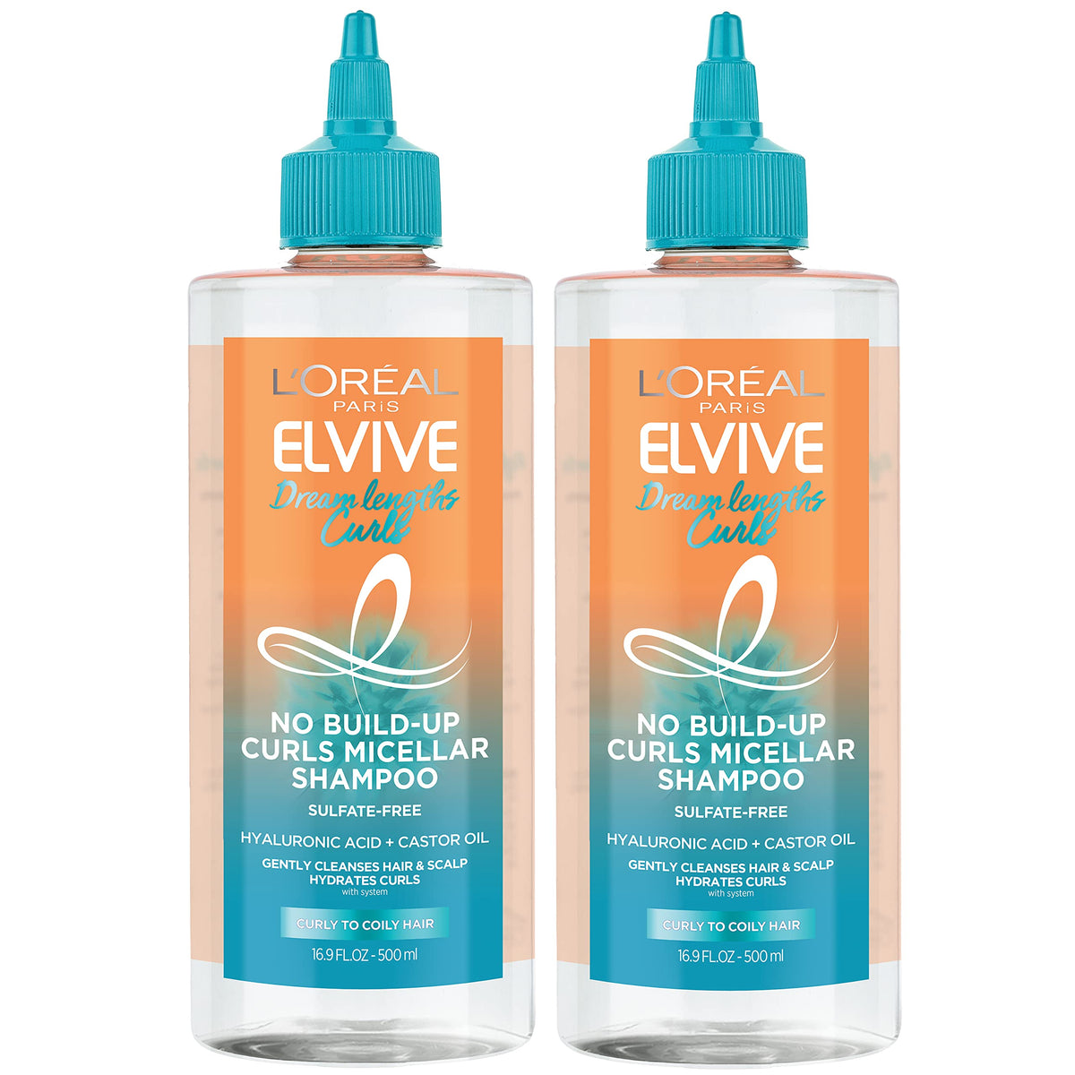L'Oreal Paris Elvive Dream Lengths Curls micellar shampoo bottle pouring to cleanse buildup