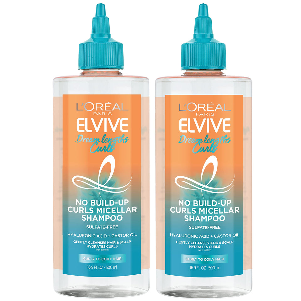 L'Oreal Paris Elvive Dream Lengths Curls micellar shampoo bottle pouring to cleanse buildup