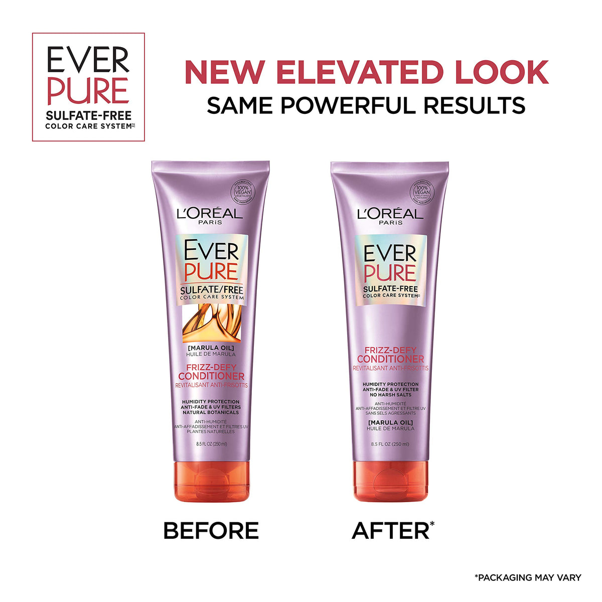 L'Oreal Paris EverPure Frizz-Defy conditioner duo bottles with color-safe frizz protection