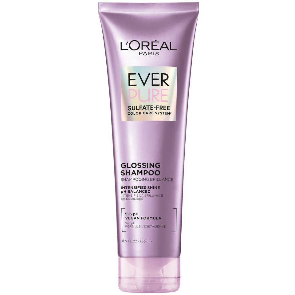 L'Oreal Paris EverPure Glossing Shampoo bottle with a glossy finish and color-safe vegan formula.