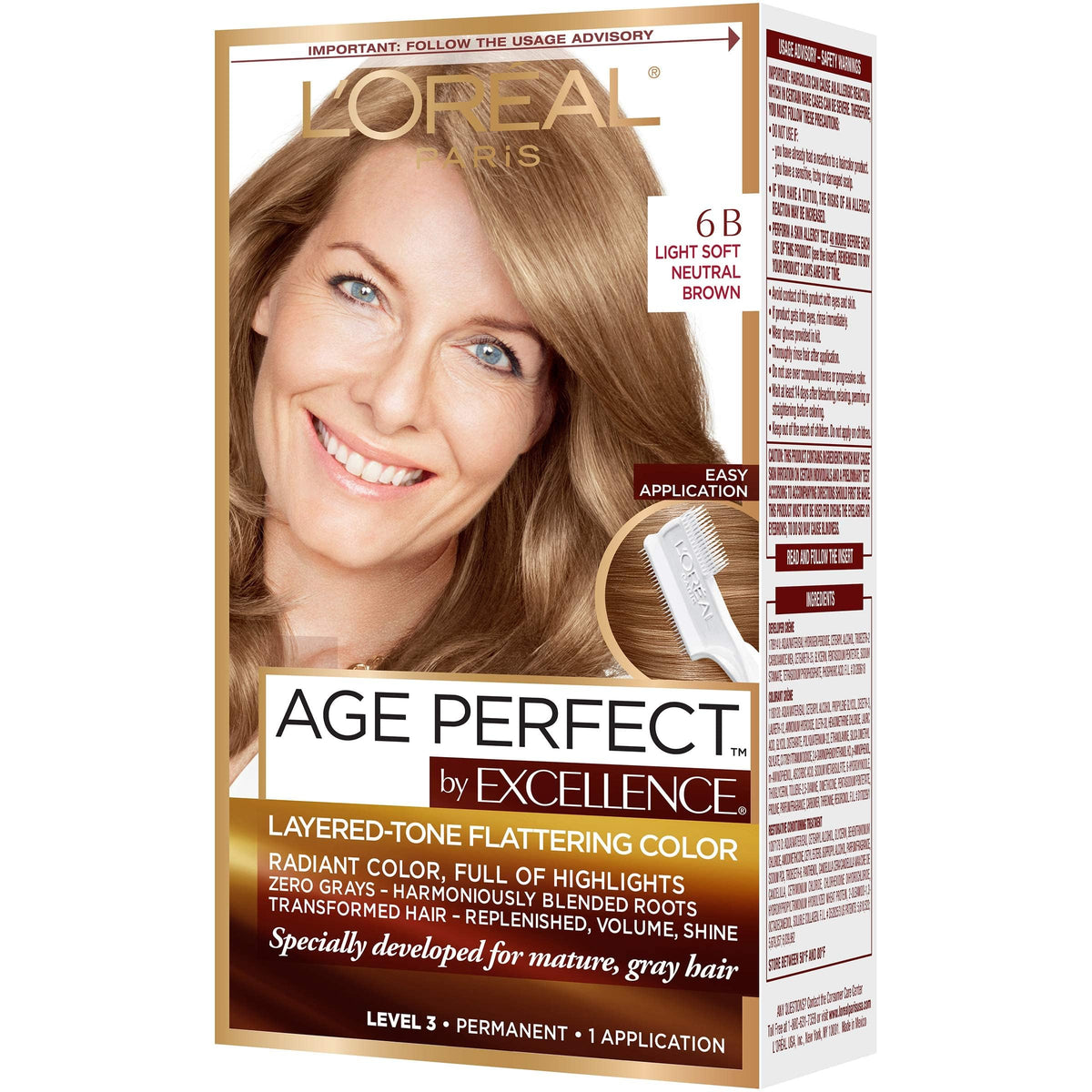 L'Oreal Paris Excellence Age Perfect layered tone bottle shows smooth gray coverage.