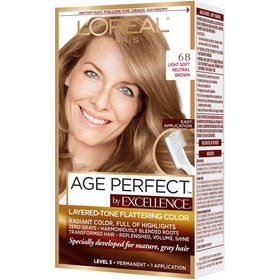 L'Oreal Paris Excellence Age Perfect layered tone bottle shows smooth gray coverage.