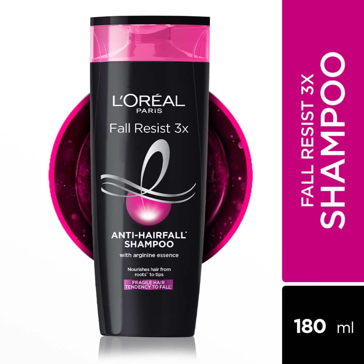 L'Oreal Paris Fall Repair 3X packaging graphic emphasizing triple-action care.