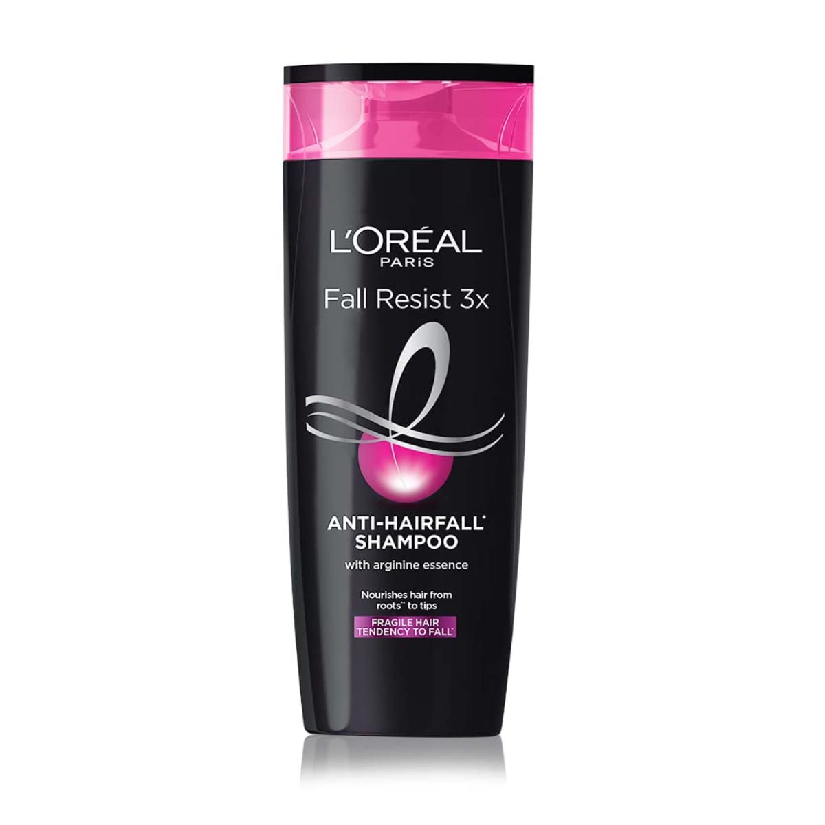 L'Oreal Paris Fall Repair 3X shampoo bottle on a bathroom shelf for daily cleansing.