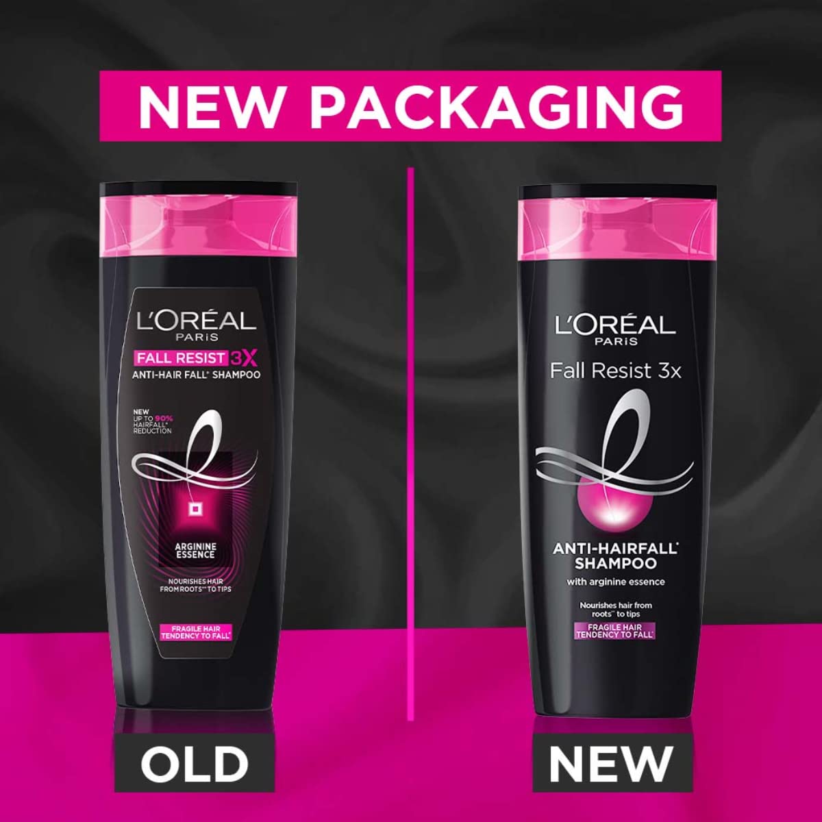 L'Oreal Paris Fall Repair 3X label close-up highlighting triple-action anti-hair fall formula.