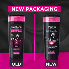 L'Oreal Paris Fall Repair 3X label close-up highlighting triple-action anti-hair fall formula.