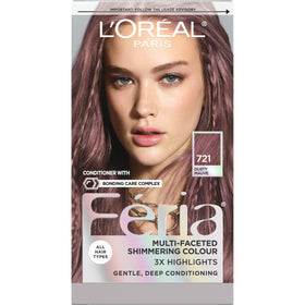 L'Oreal Paris Feria dusty mauve color kit demonstrates a shimmering, bold shade for vibrant hair.