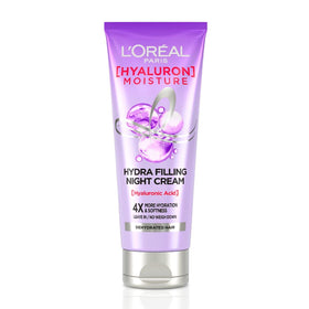 L'Oreal Paris Hyaluron Moisture Night Cream bottle hydrates dry hair.