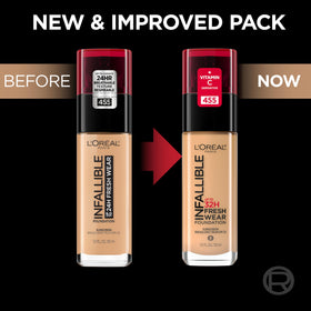 L'Oreal Paris Infallible foundation swatch on skin shows blendable coverage.