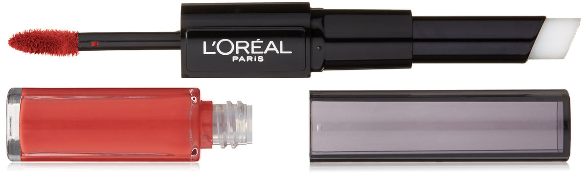 L'Oreal Paris Infallible Pro Last Lipstick Continual Crimson application for lasting color.
