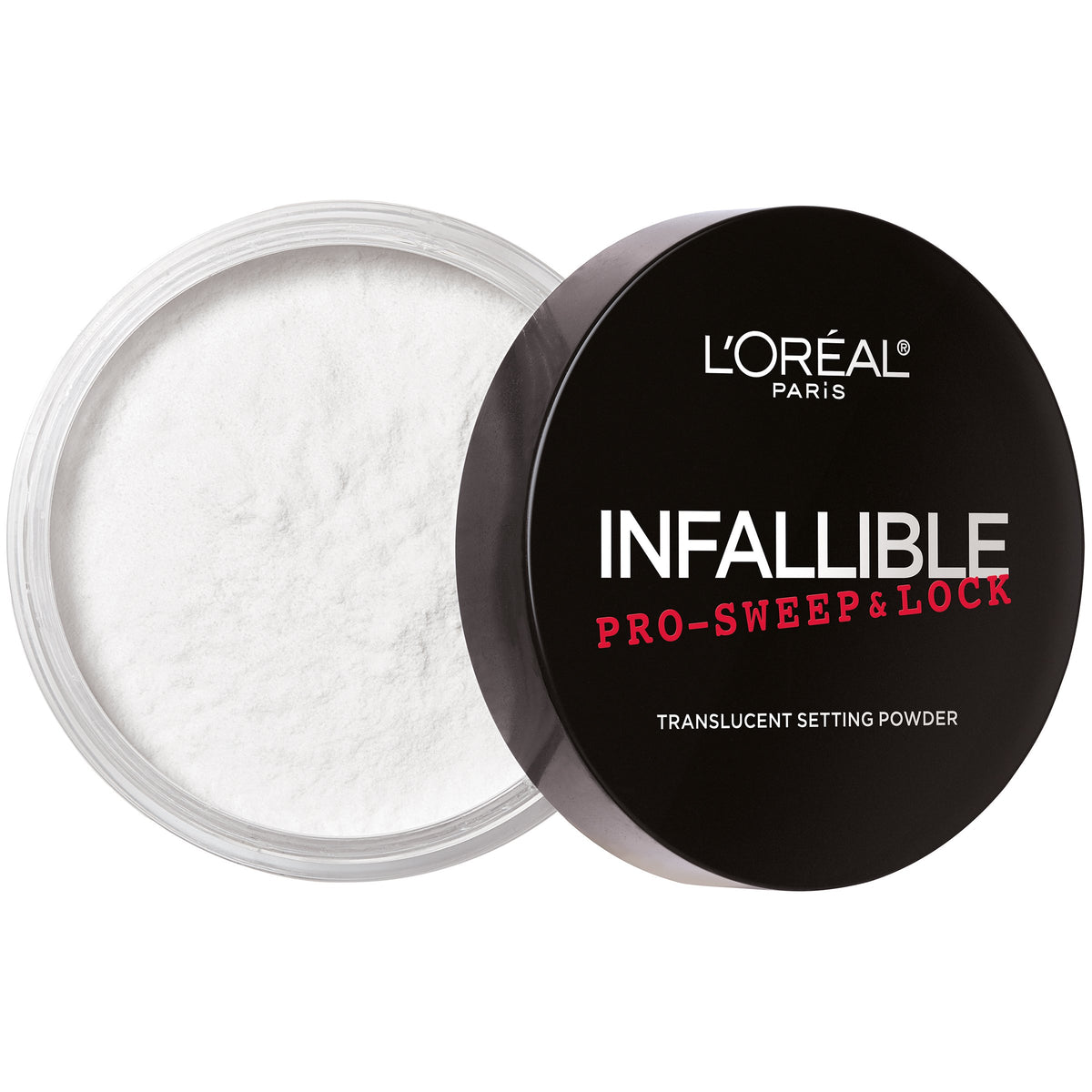 Brush applying Infallible Pro-Sweep and Lock powder for a smooth matte look