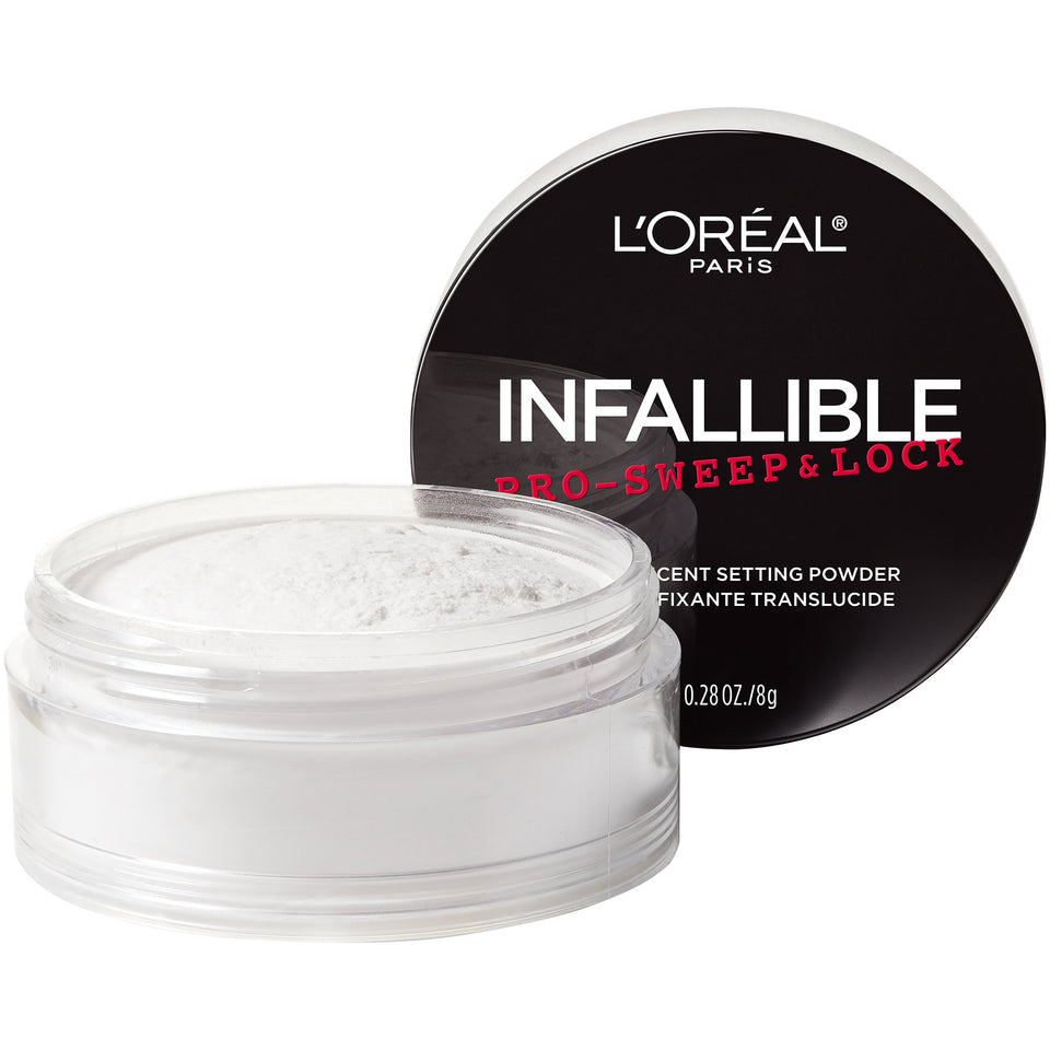 L'Oreal Paris Infallible Pro-Sweep and Lock powder jar close-up showing translucent texture and compact finish