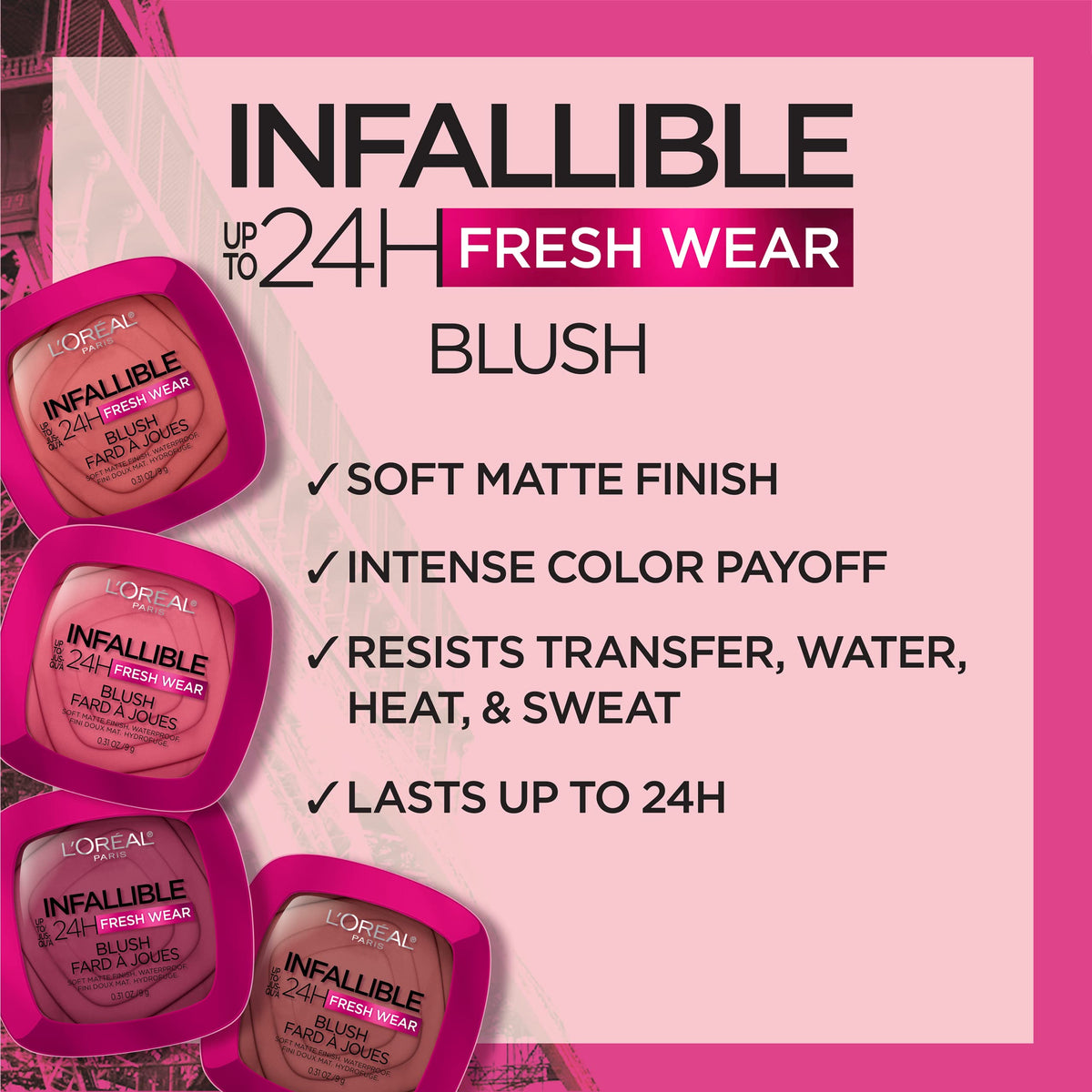 Infallible Soft Matte Blush applied on cheek for healthy glow