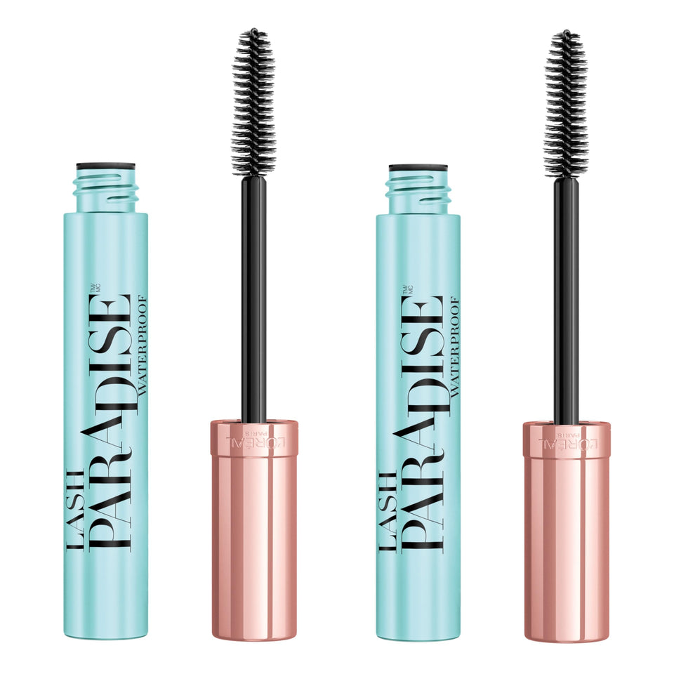 L'Oreal Paris Lash Paradise waterproof mascara bottle showing voluminous formula for all-day wear.