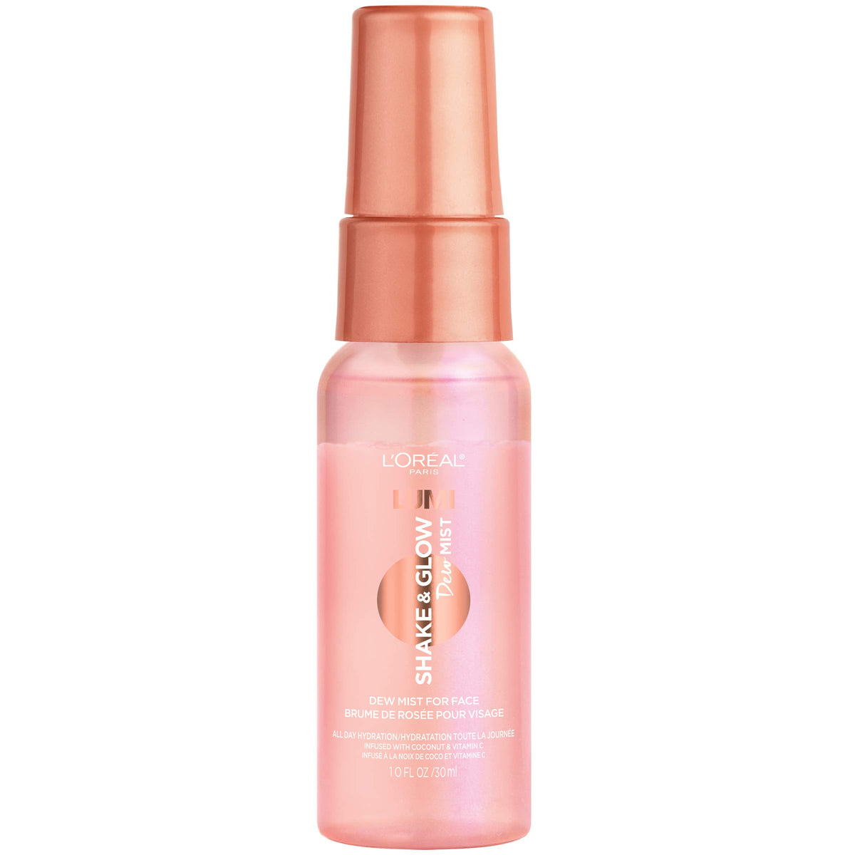 L’Oréal Paris Lumi Shake and Glow Dew Mist bottle pour delivering hydrating dewy glow.